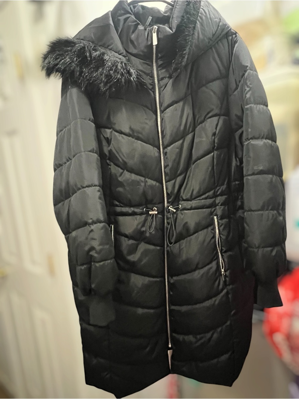 Long Black Quilted Puffer Coat with Faux Fur Hood Trim